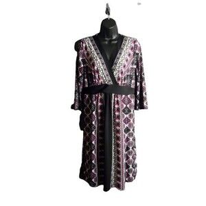 Motherhood Maternity Dress Long Sleeve Multicolored Geometric V-neck Midi Sz Med